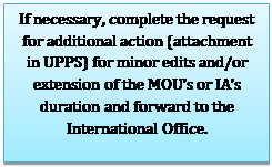 Text Box: If necessary, complete the request for additional action (attachment in UPPS) for minor edits and/or extension of the MOUs or IAs duration and forward to the International Office.