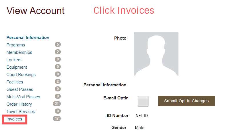 This image shows account information and to continue click invoices on the bottom left