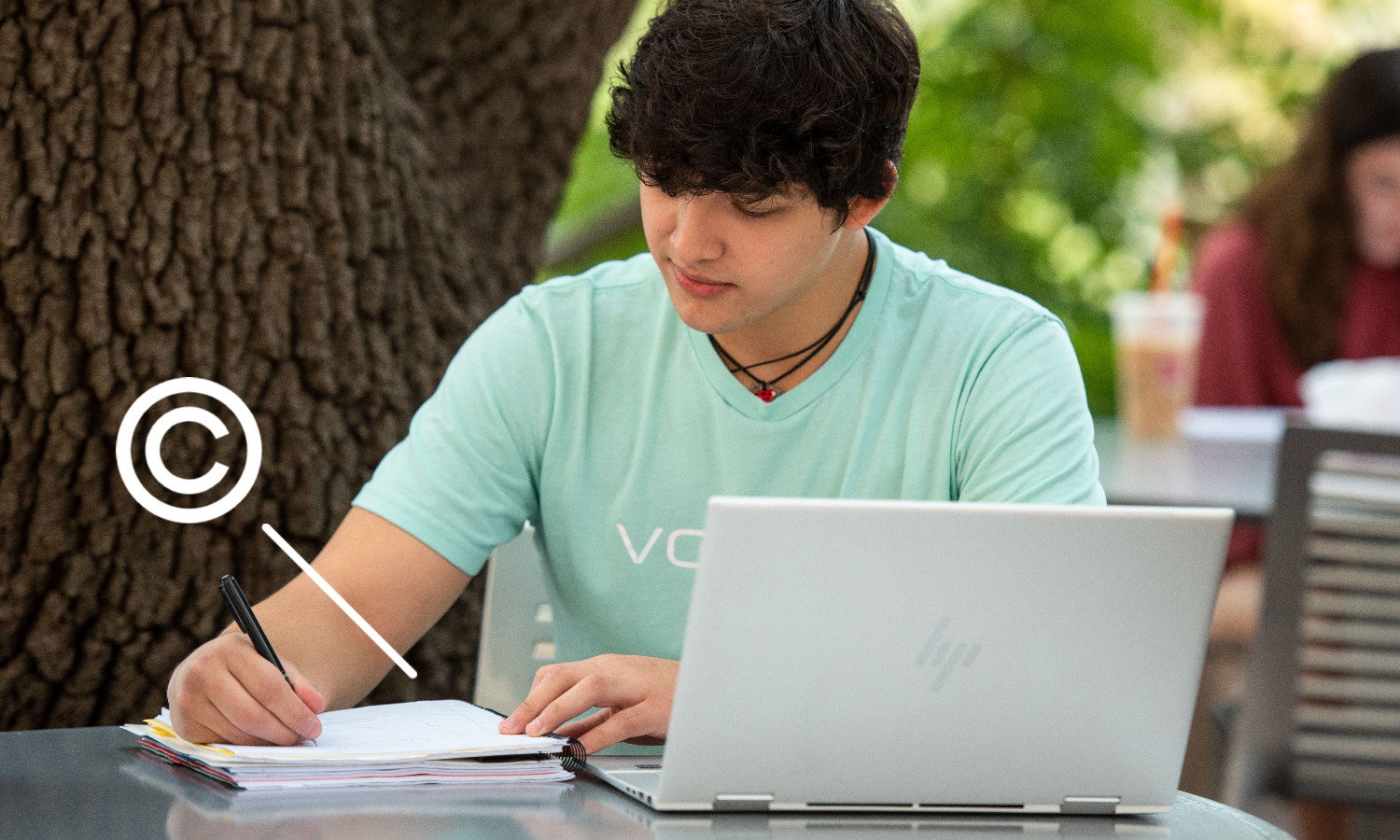 copyright symbol in photo of student working on laptop