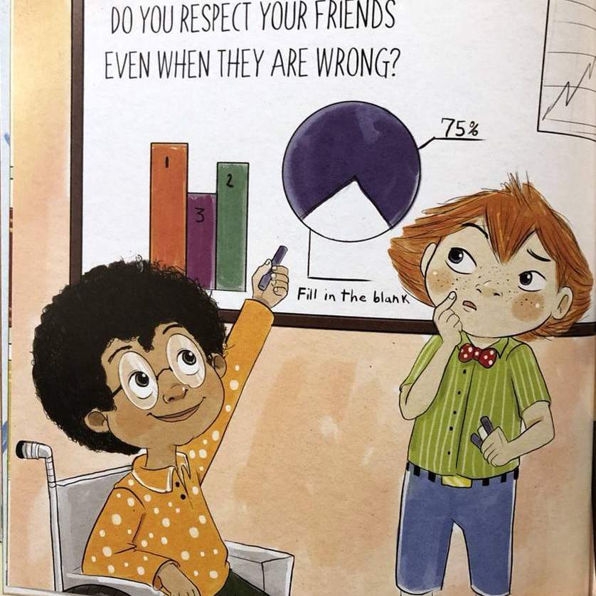 graphic of two boys looking at white board from book