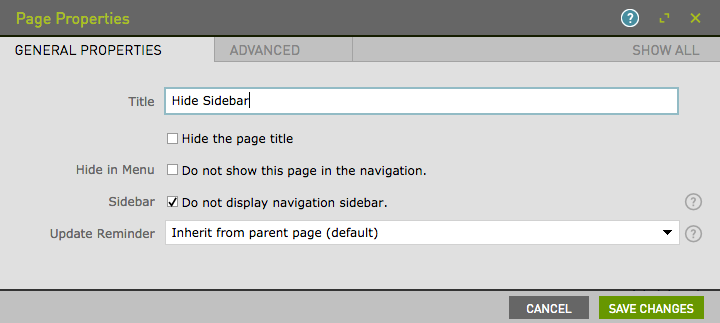 Page Properties function in Gato with the Do not display navigation sidebar checkbox checked.