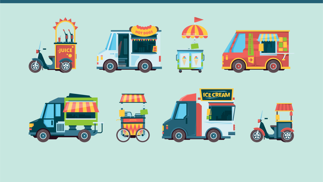 Cartoon picture showing different types of Mobile Food Units, such as food trucks, push carts, and bike carts. 