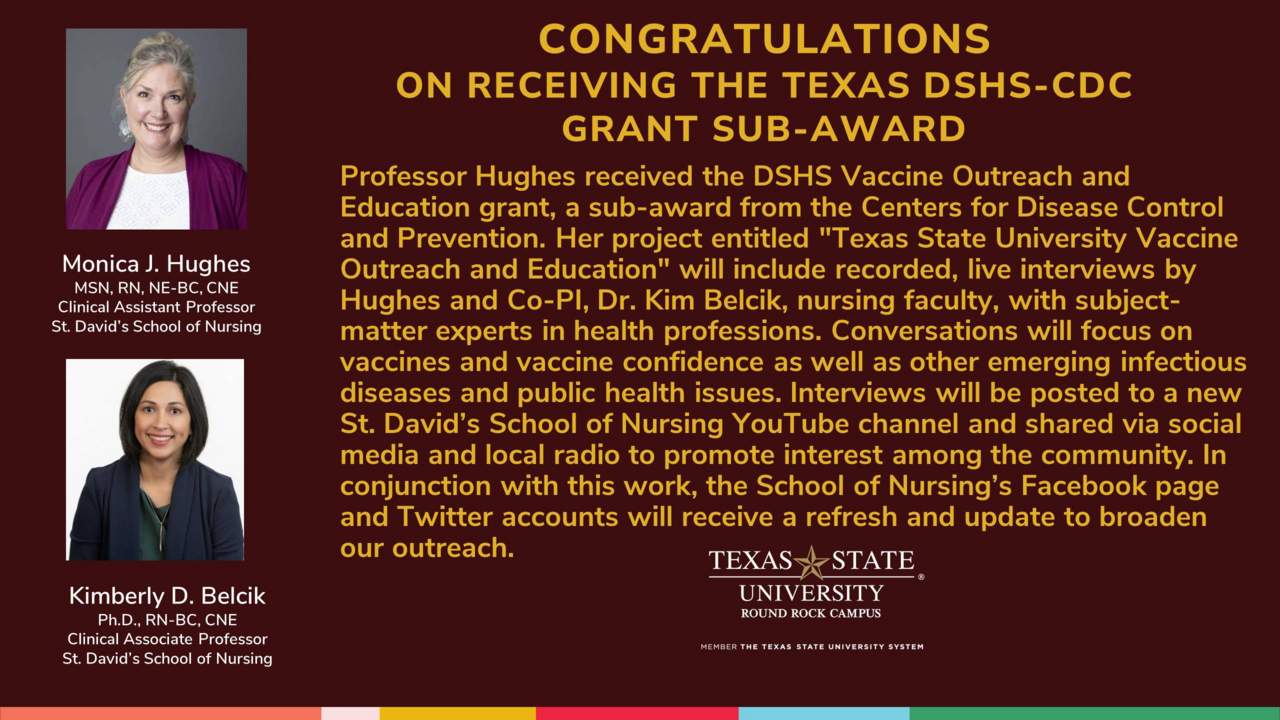 Dr. Hughes and Dr. Belcik: Congratulation on receiving the Texas DSHS-CDC Grant Sub Award