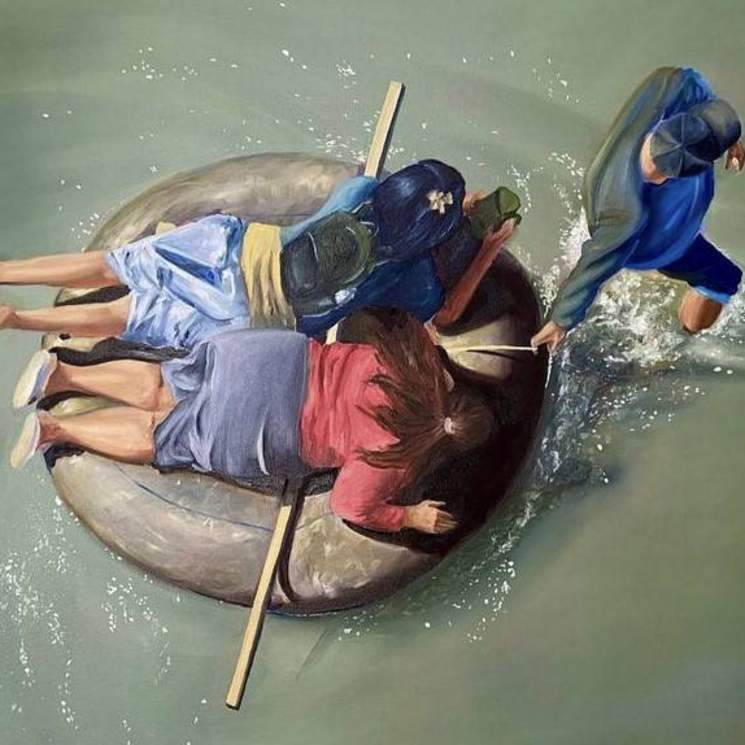 Student work: a painted aerial view of two people on an inflatable raft being pulled by another person wading
