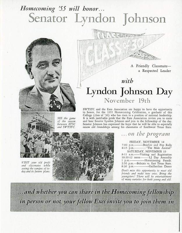 Flier announcing Lyndon Johnson Day at Homecoming 1955 