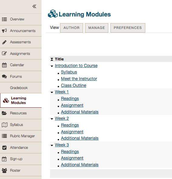 The Learning Modules tab displays content broken into multiple modules.