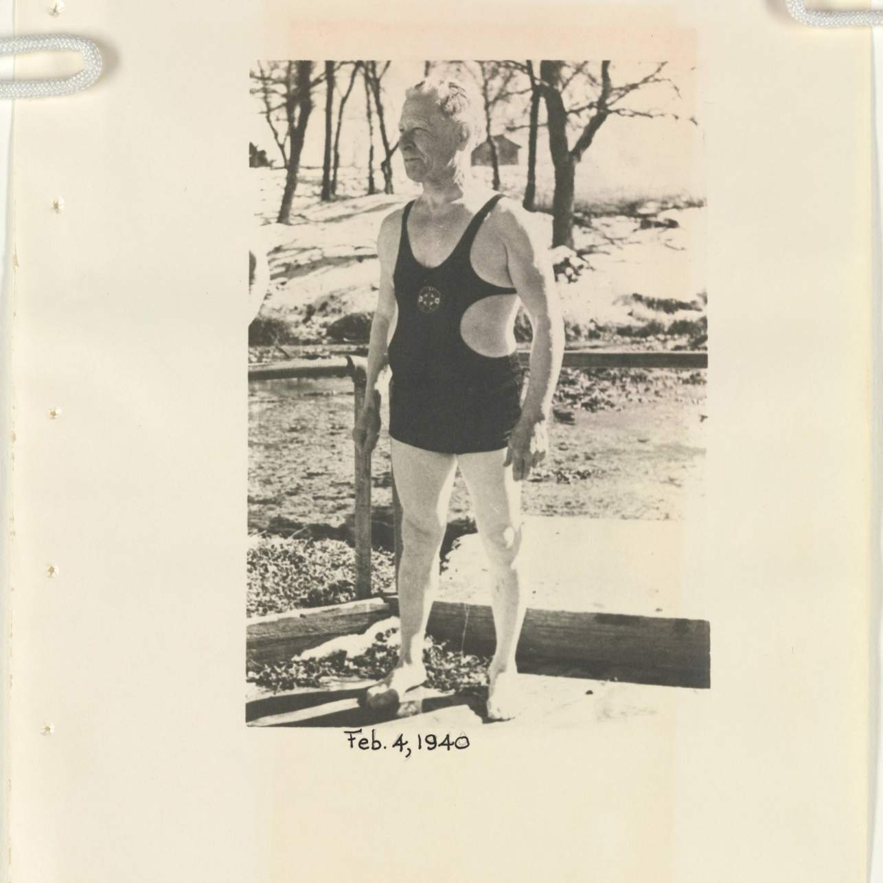 mathematics professor Dr. S.M. “Froggy” Sewell wears his bathing suit at riverside