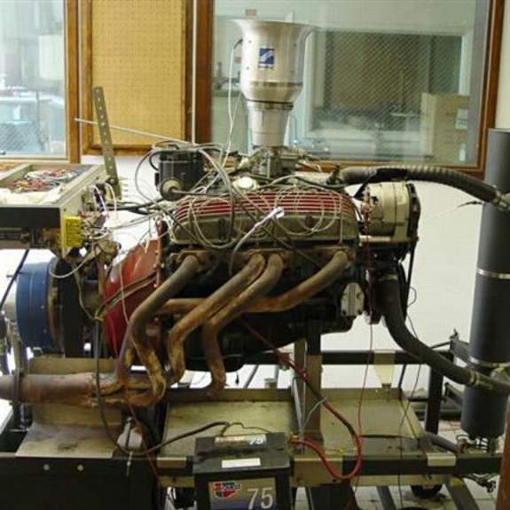 Image, side view of V-8 engine on dynamometer.