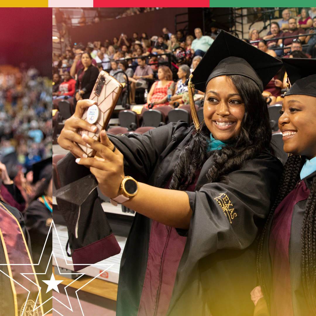 Graduates take a selfie in the fourth slide of a carousel of graduation photos