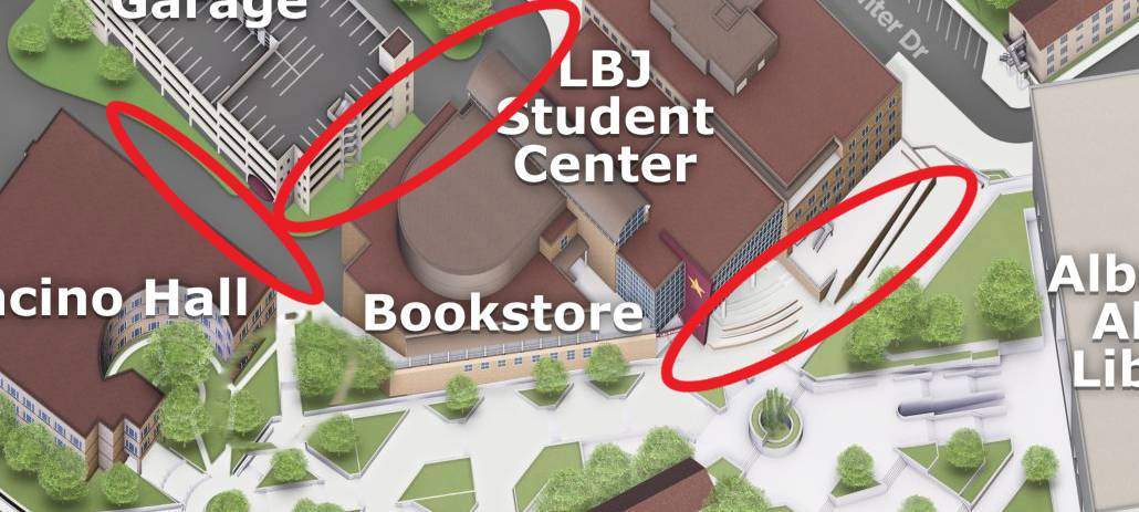 Campus map screenshot of the LBJ Student center notating where electioneering is not allowed using red circles