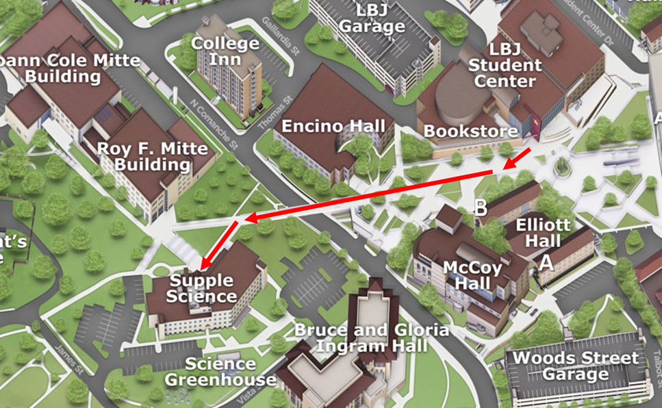 Map to Supple Science building from LBJ Student Center