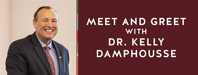 kelly damphousse headshot next to maroon background with "meet and green with dr. kelly damphousse" in white text