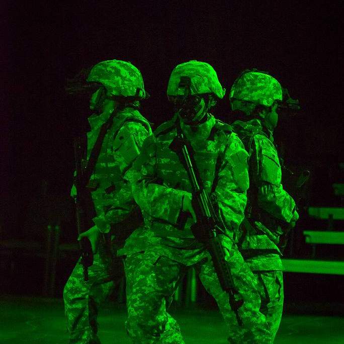 Soldiers with guns standing in a green light