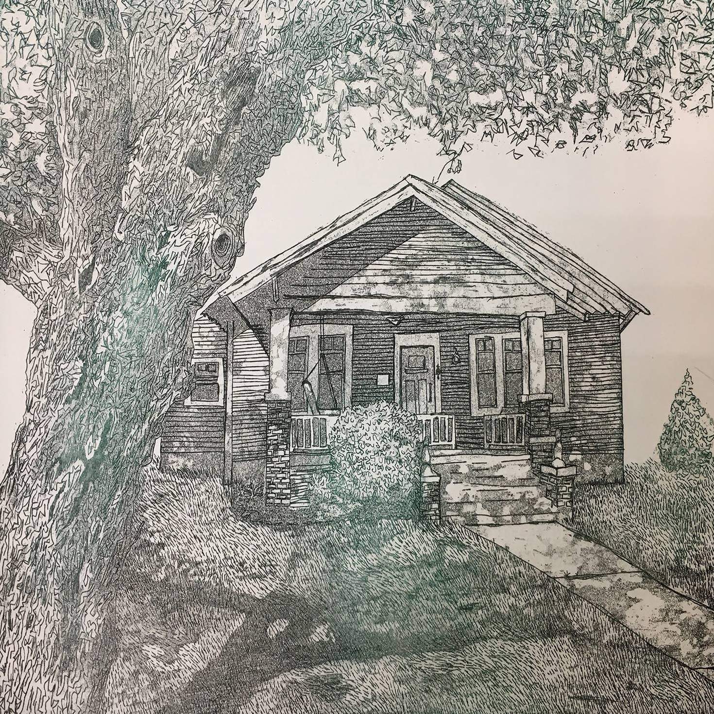 Student work: detailed print of a house with a large tree in the foreground