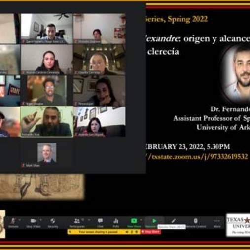 Zoom screen grab: 9 Zoom windows superimposed over poster with face of man and text: Dr. Fernando Riva, Assistant Professor of Spanish, University of Arkansas