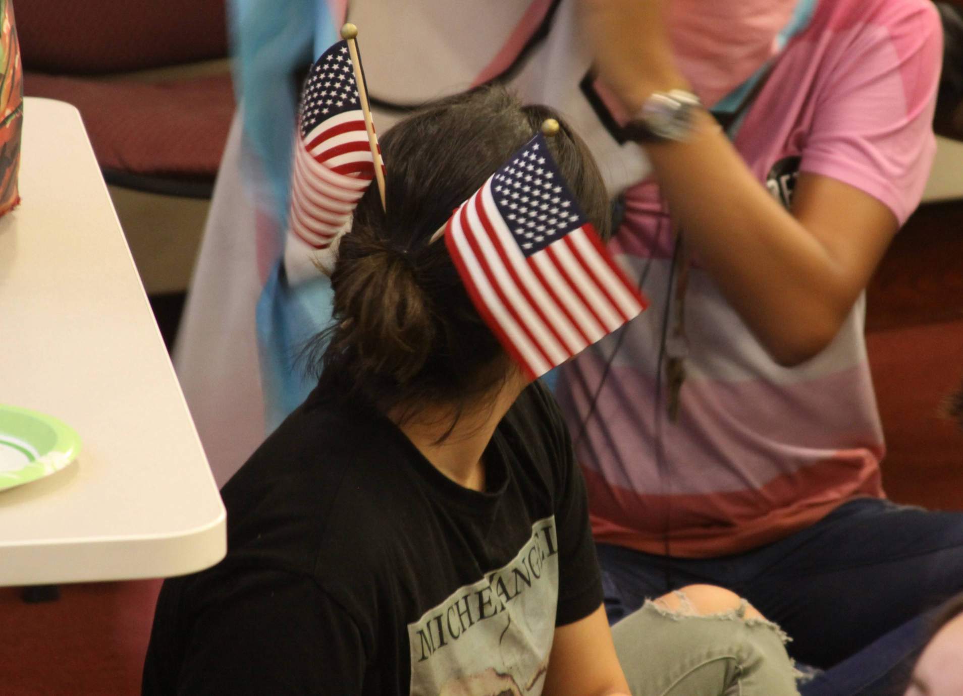 Student with American flags in her hair