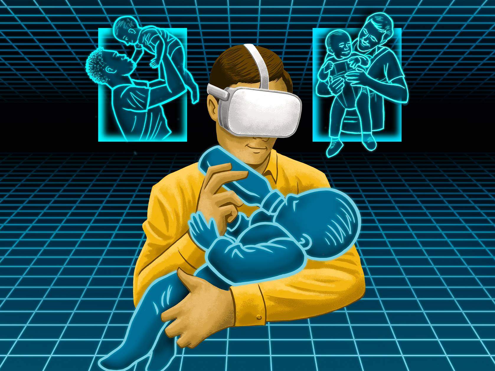 digital graphic of man feeding baby while wearing VR headset