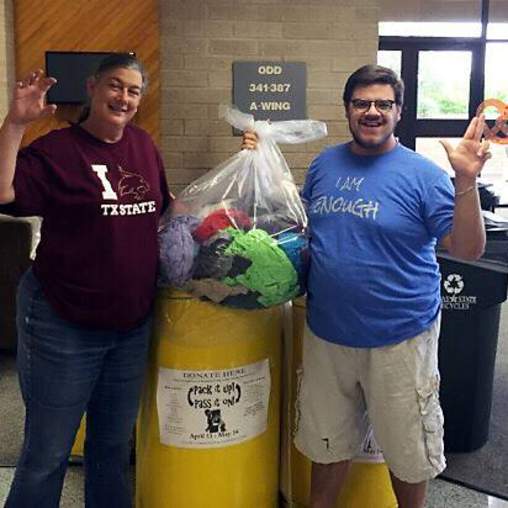 Texas State University residence hall students donate clothing, linens, office supplies, small electronics and more during spring move out, diverting seven tons of refuse from area landfills. San Marcos residents are invited to do their own “spring cleaning” and bring gently used items to donate to May 18-21 between 9 a.m. and 4 p.m. to the LBJ Student Center ballroom. The distribution benefits more than 1,000 area low-income families. Above, Pack It Up workers Kim Porterfield and Joseph Pomar pick up donations at Blanco Hall. 