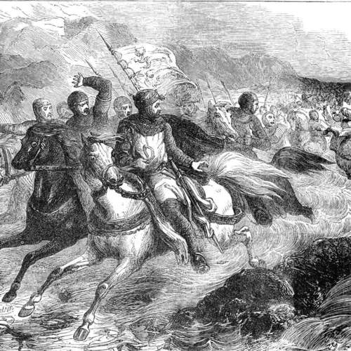 King John and his vanguard barely escaped as the baggage train behind them foundered in the sands of The Wash. The rapidly rising tide changed what had been a dry seabed to dangerous quicksand, into which the wagons with the crown jewels disappeared. This illustration appeared in the 1865 edition of Cassell’s Illustrated History of England. (Collection of Donald Olson)