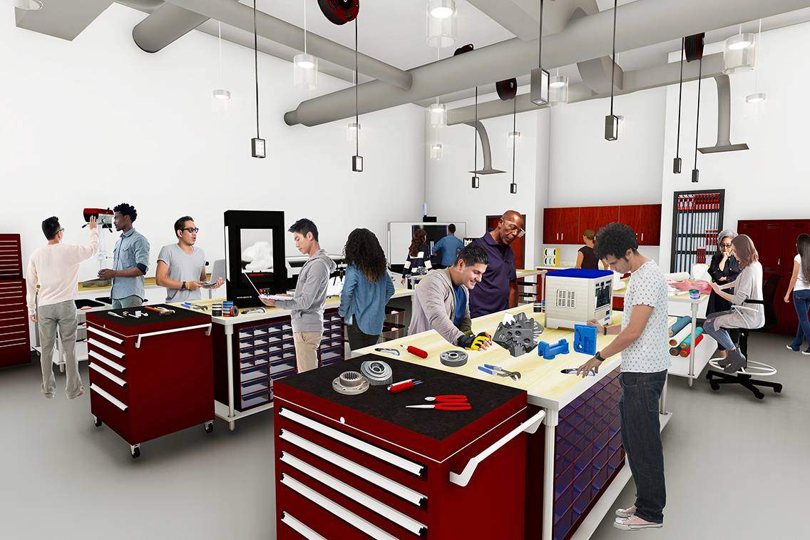 Rendering of people working in a maker space
