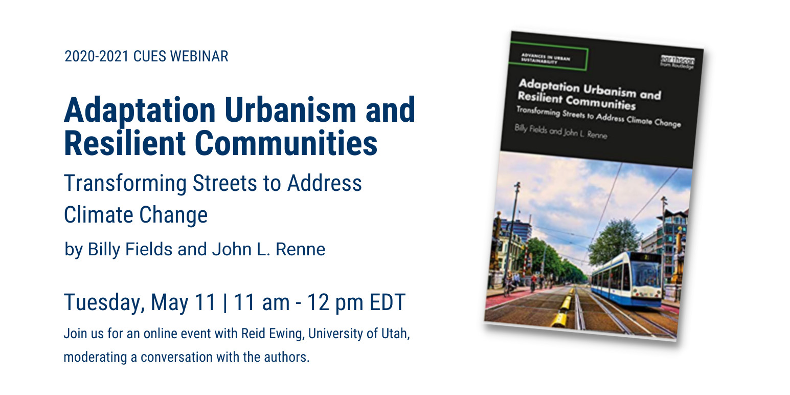 Flyer advertising a webinar for Dr. Field's new book Adaptation Urbanism and Resilient Communities, May 11, 11am - 12pm EST