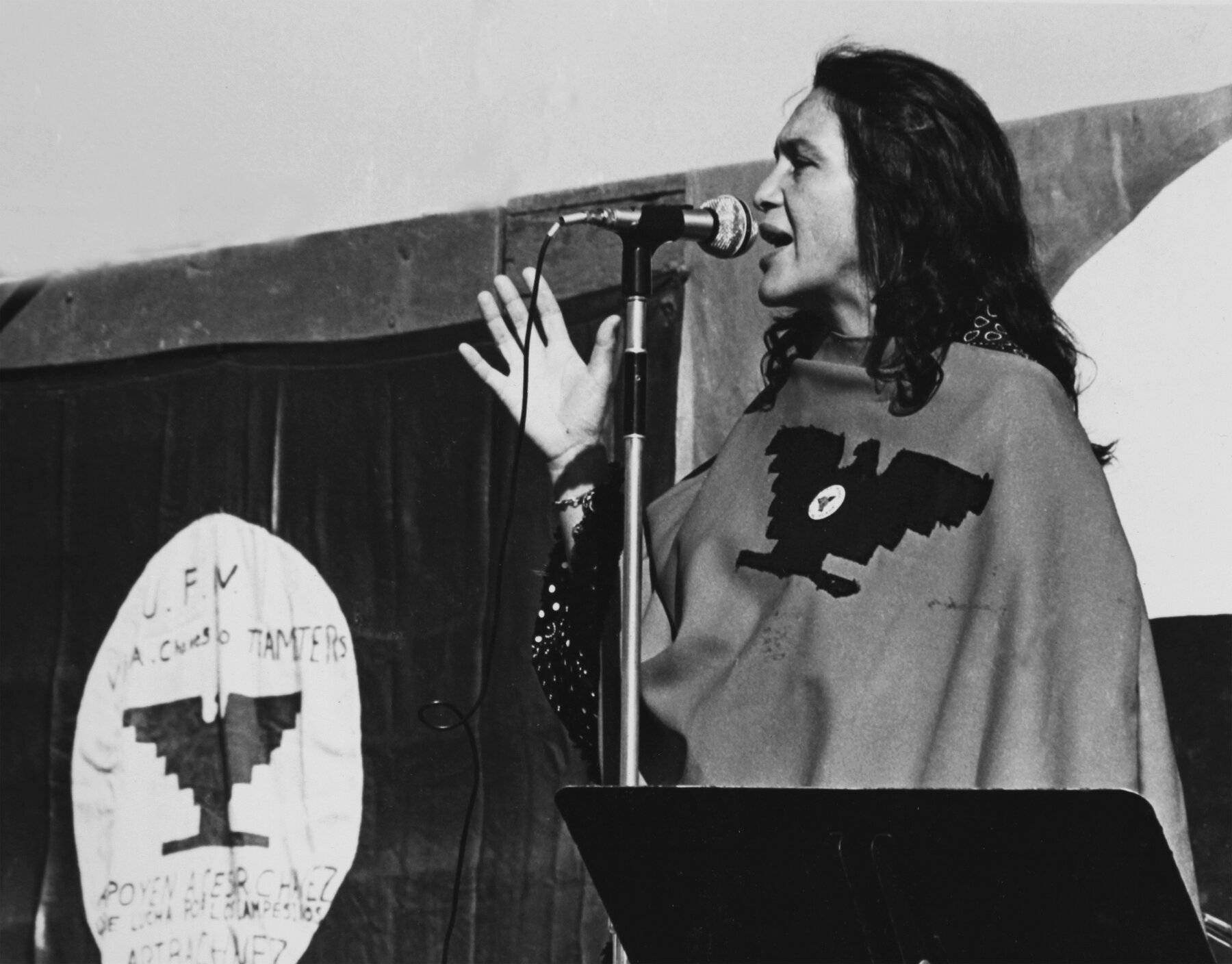 Dolores Huerta speaking at a United Farm Workers of America rally