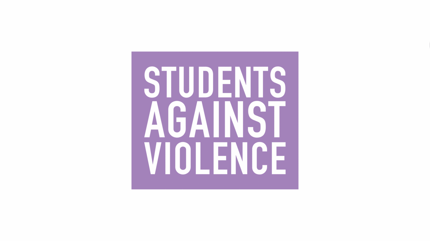 Students Against Violence Logo. Logo has text that reads "Students Against Violence" in a purple box.