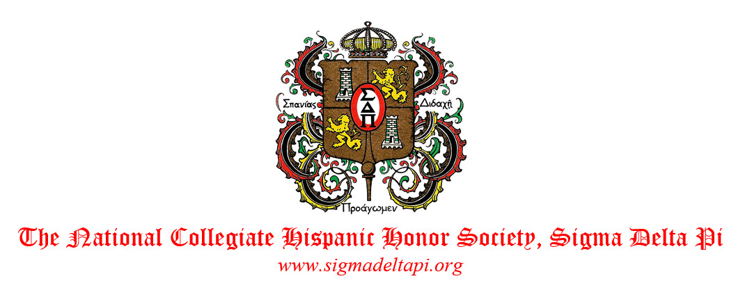 Image: Coat of arms. Text: The National Collegiate Hispanic Honor Society, Sigma Delta Pi www.sigmadeltapi.org