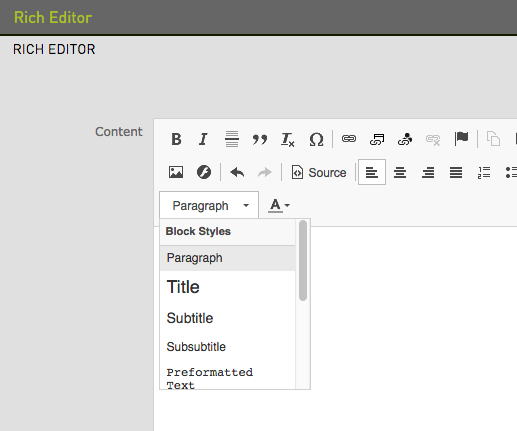 The screenshot shows the different selections available to specify a header using the Rich Editor content type.