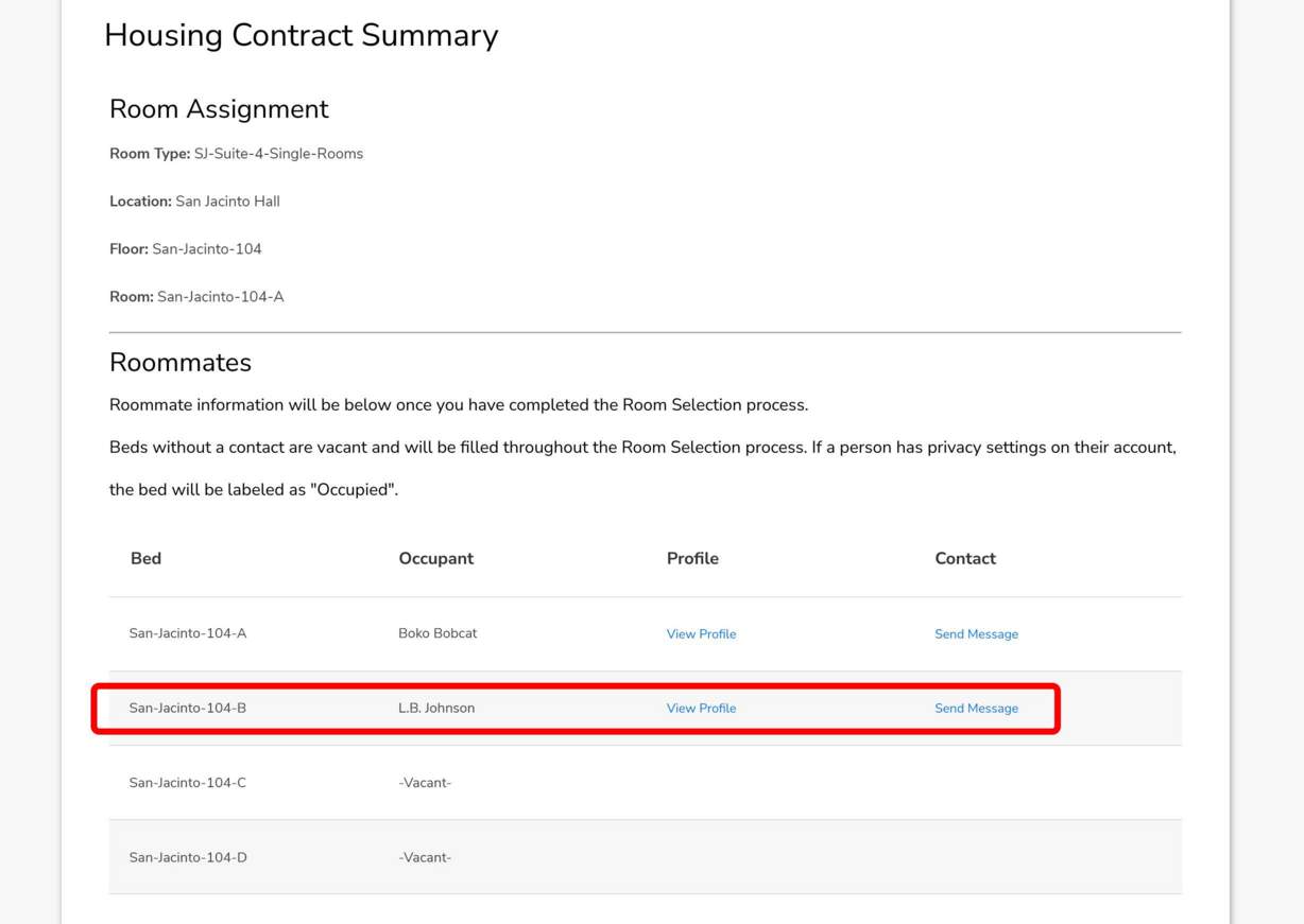 Screenshot of Housing Contract Summary page in the Housing Portal.