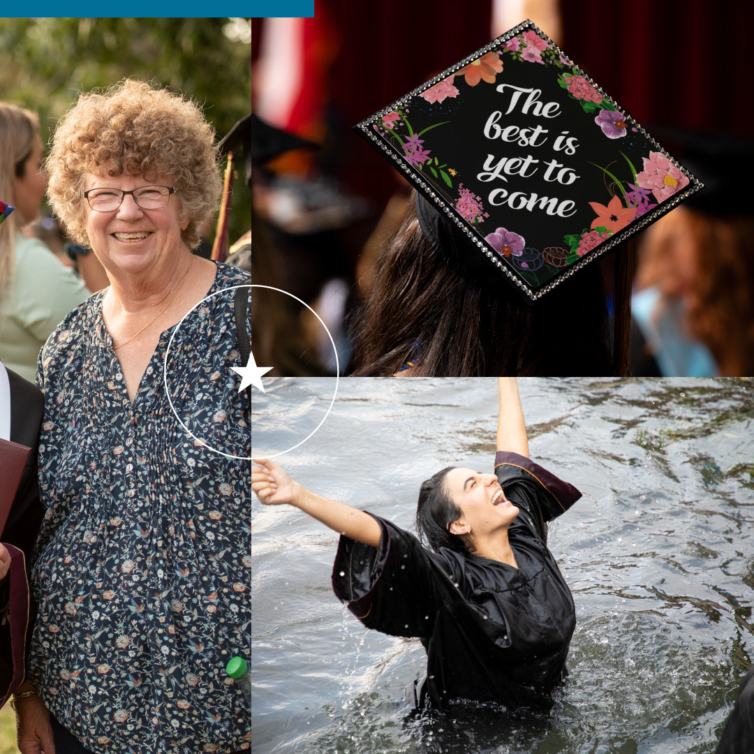 A cap with the words “The Best is Yet to Come” and a graduate in the river in the last slide of a carousel of graduation photos