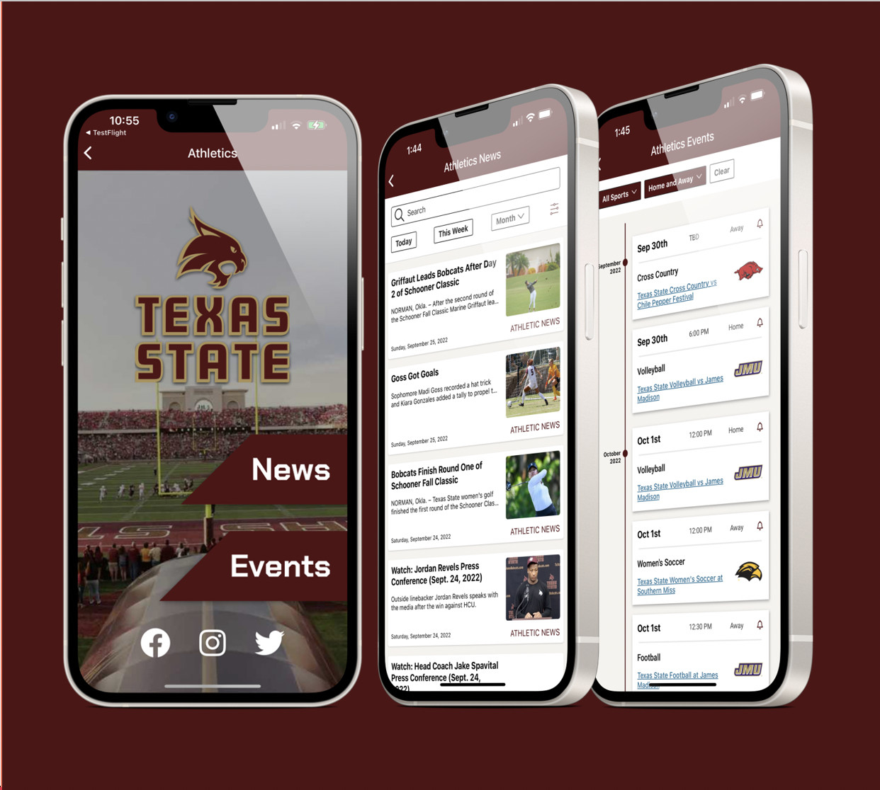 Athletics component preview of news, events and home screen