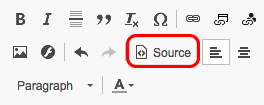 The Source icon on the rich editor appears as a paper with the left and right arrow keys pointing away from each other and the word Source.