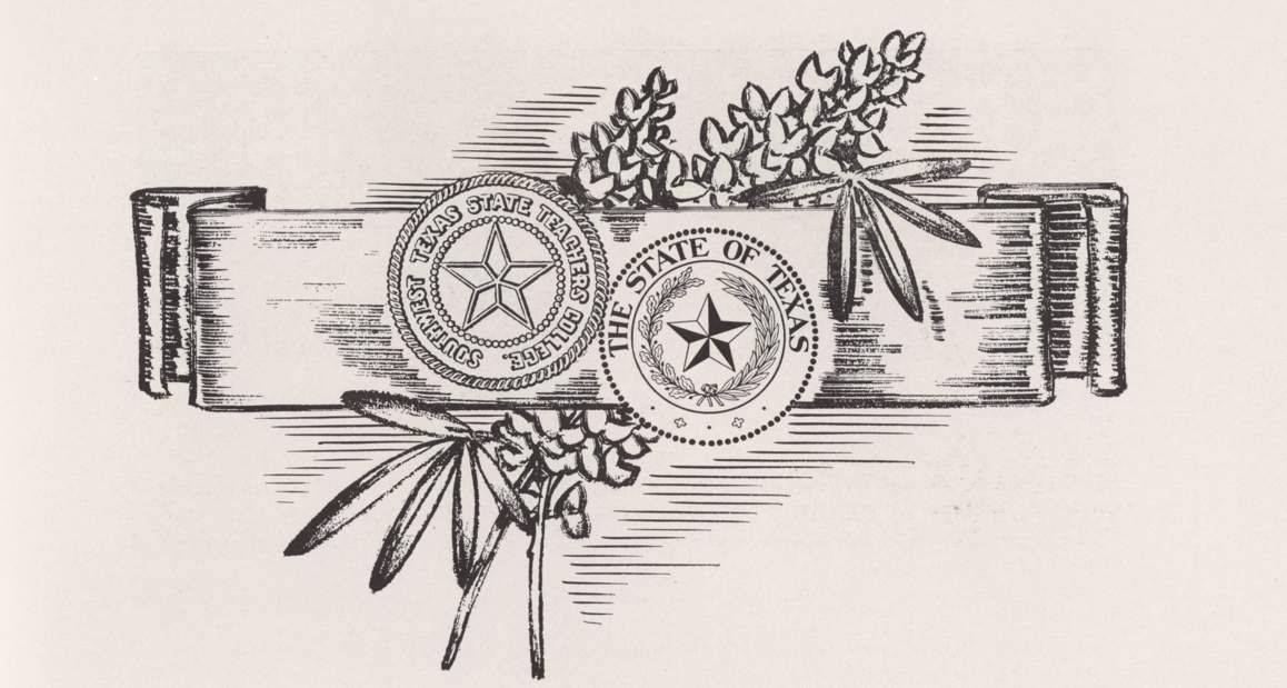 Drawing of a ribbon and bluebonnets behind the Southwest Texas State Teachers College seal and the State of Texas seal