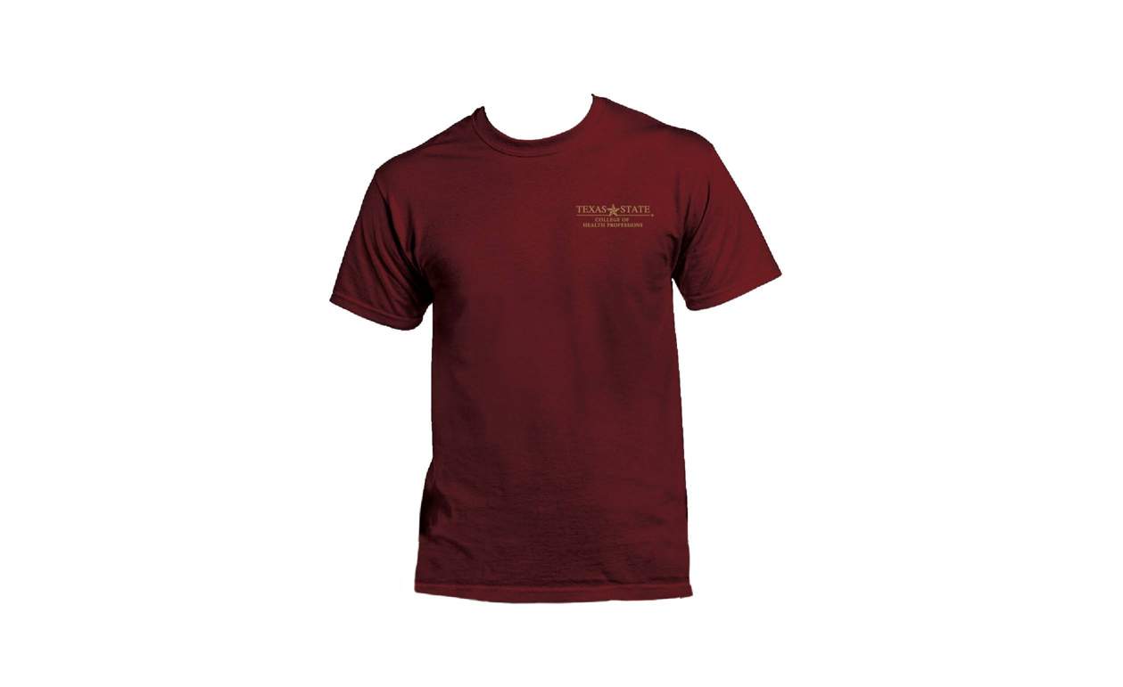 A T-shirt has a small College of Health Professions logo printed on the right side of the shirt.