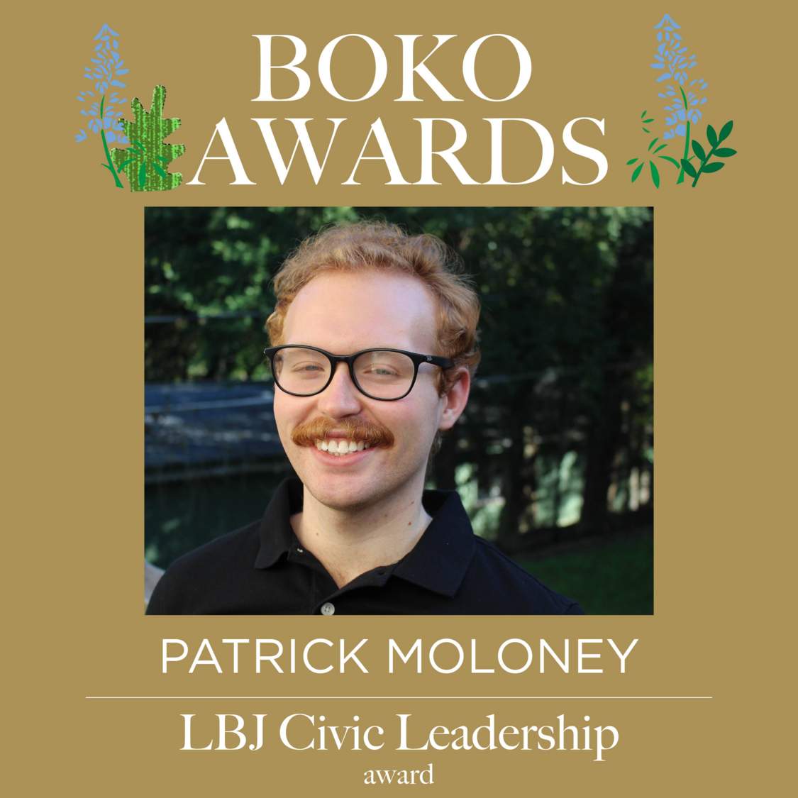 Picture of text displaying that Patrick Moloney won the LBJ Civic Leadership award.