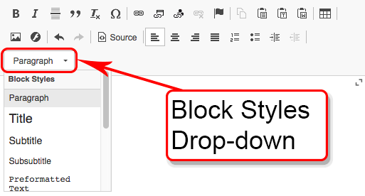 The block styles drop-down is highlighted on the Rich Editor.