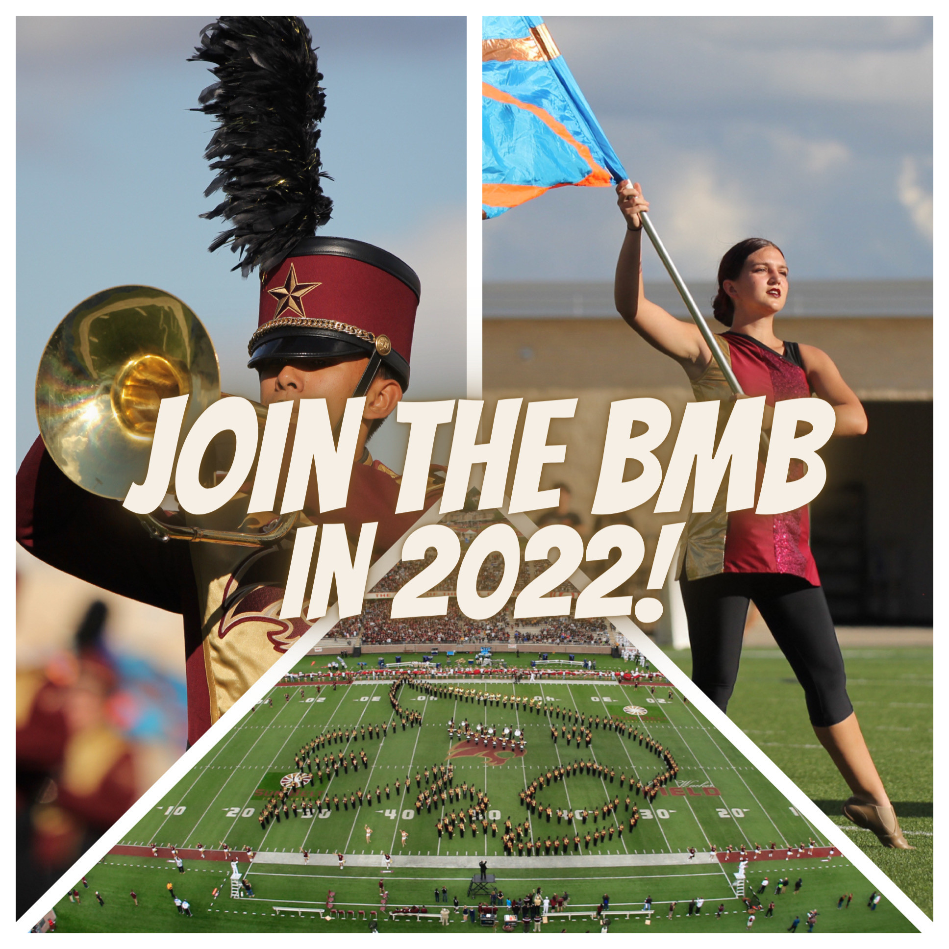 Collage of mellophone player, guard member with flag, and marching band in formation on field
