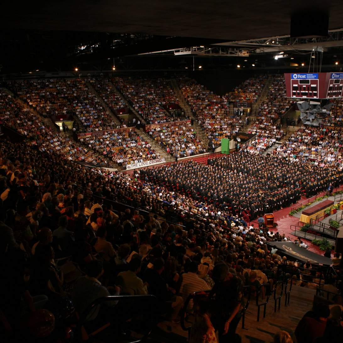 Wide shot view of commencement crowd
