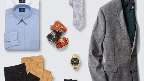 A variety of business-wear. Button up shirts, slacks, socks, a vest and a golden watch are a few of the items shown.