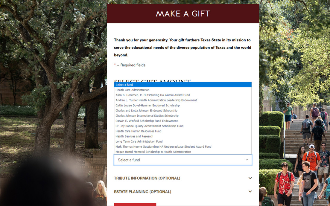 A screenshot of the School of Health Administration donation page.