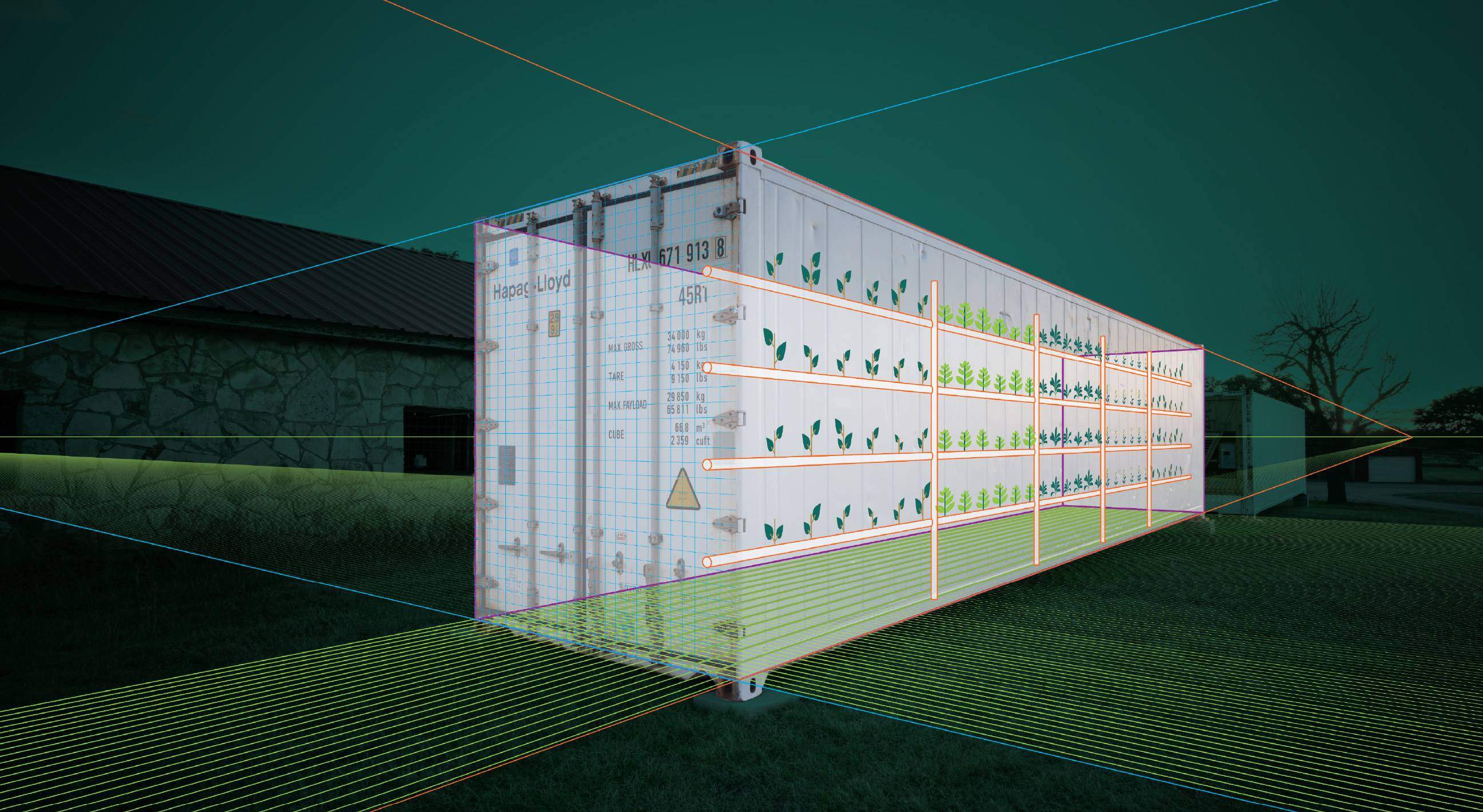 shipping container with illustrated overlay of growing plants