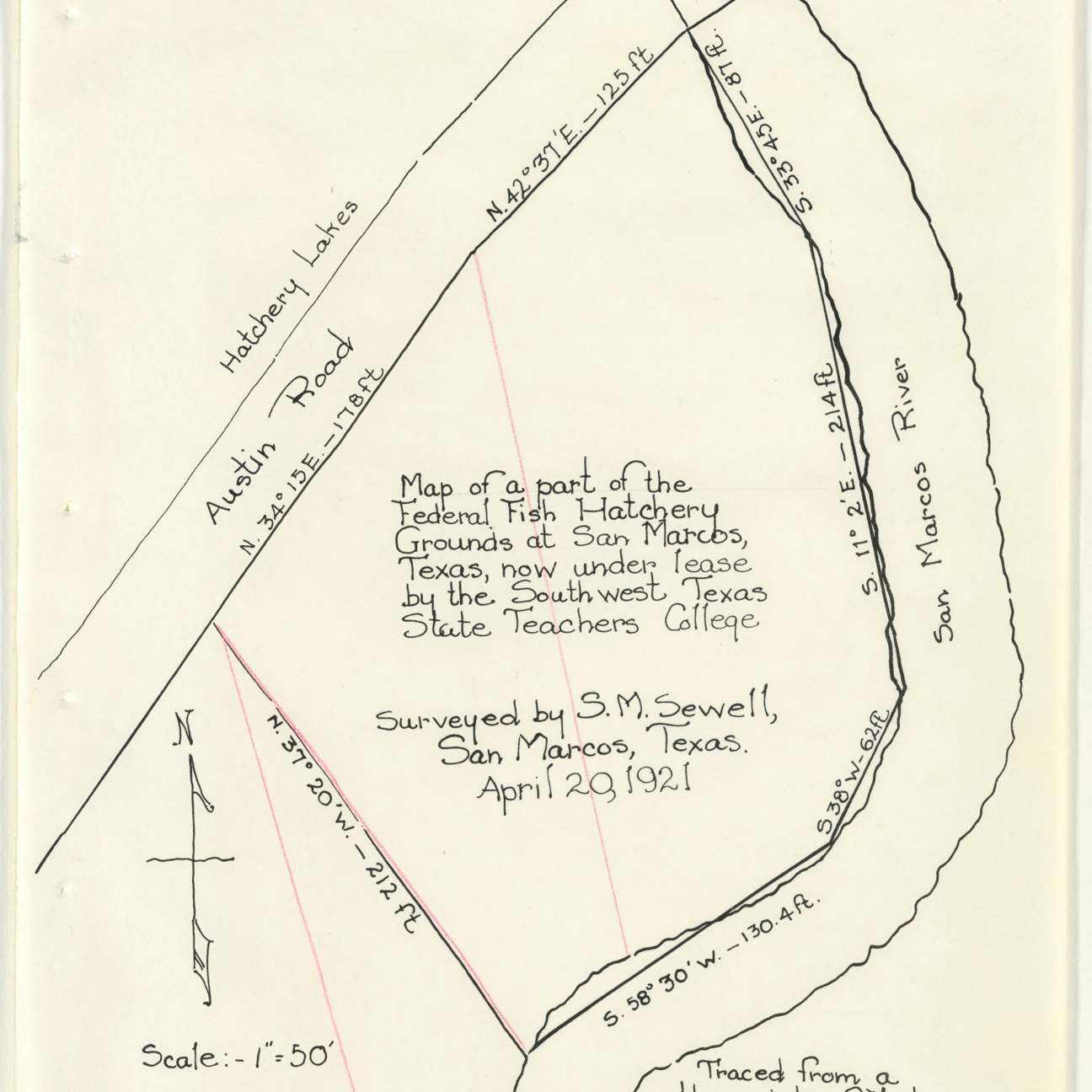 hand-drawn map of a part of the federal fish hatchery grounds in San Marcos in 1921