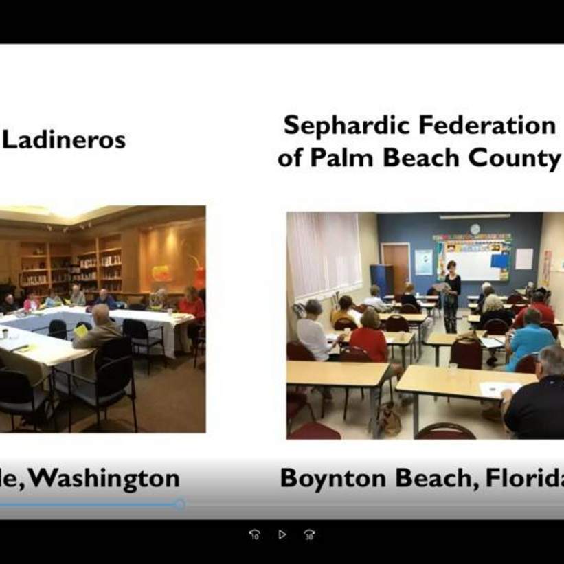 Screenshot from Zoom presentation. Images of two classrooms with titles "Los Laderinos / Seattle, Washington" and "Sephardic Foundation of Palm Beach County / Boynton Beach, Florida"