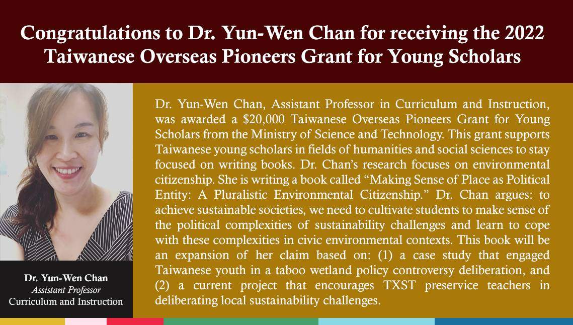 Congratulations to Dr. Yun-Wen Chan for receiving the 2022 Taiwanese Overseas Pioneers Grant for Young Scholars