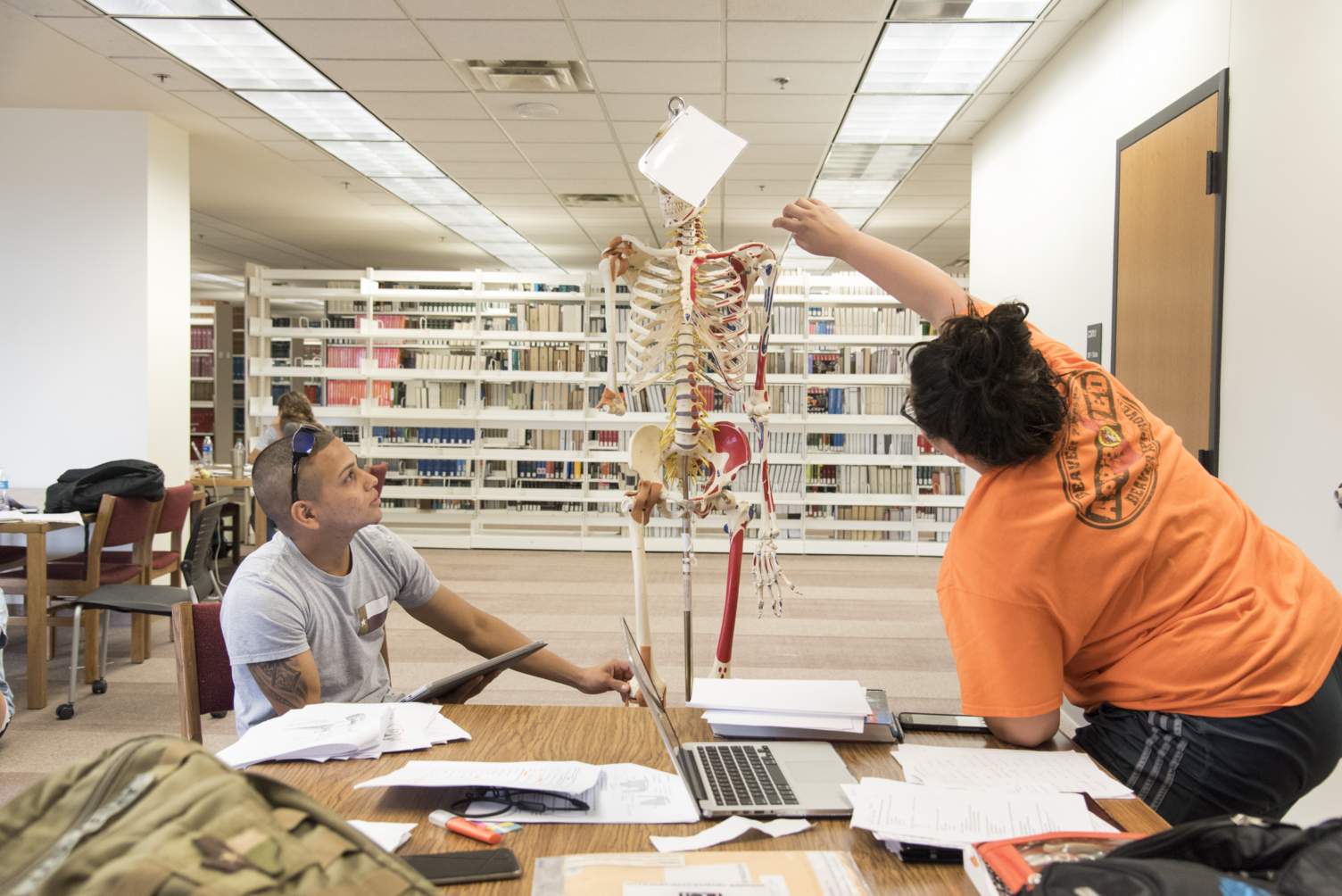 Students studying a human skeleton in Alkek library.