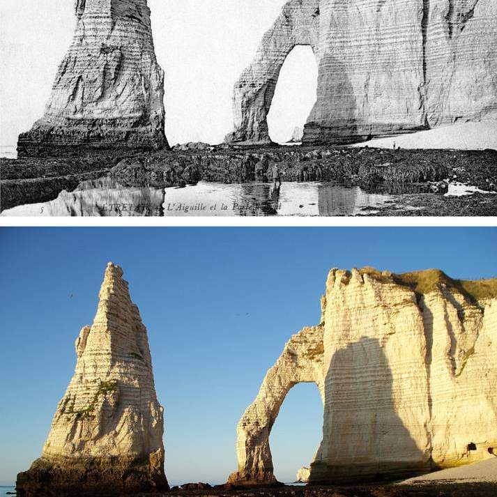 Vintage postcard photograph and modern photograph of the Needle and the Porte d'Aval as seen from the Jambourg beach.