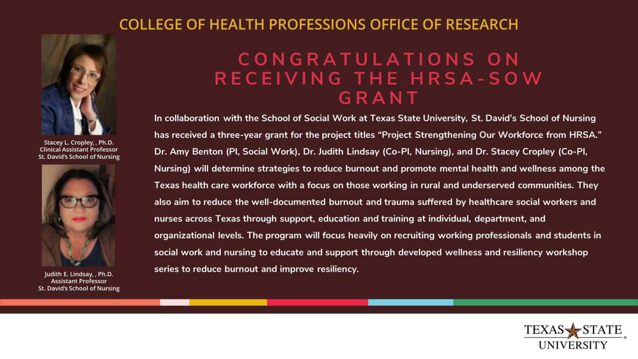 Dr. Stacey Cropley & Dr. Judith Lindsay receive HRSA-SOW Grant