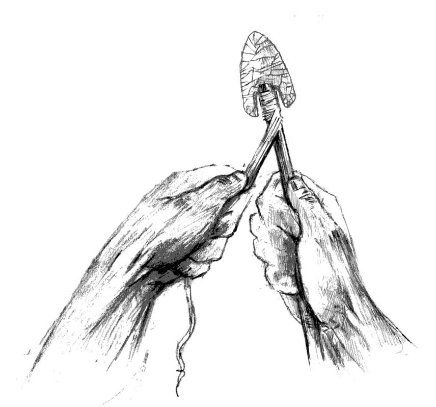 Illustration by Eric S. Carlson of an andice dart point being hafted to a wooden dart shaft.