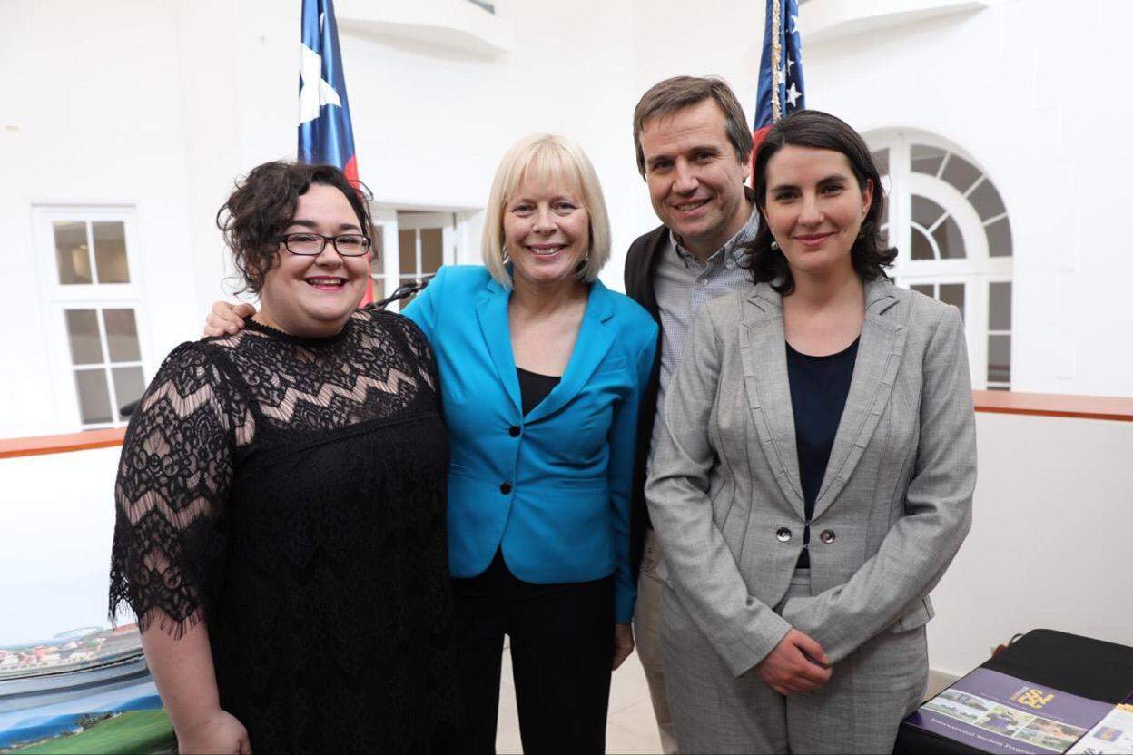 Amy Biedermann with Carol Z. Perez (U.S. Ambassador to Chile) , Sebastian Kauffman (Vice-Rector of Integration at UAH), and Costanza Bauer (Director of International Cooperation at UAH)